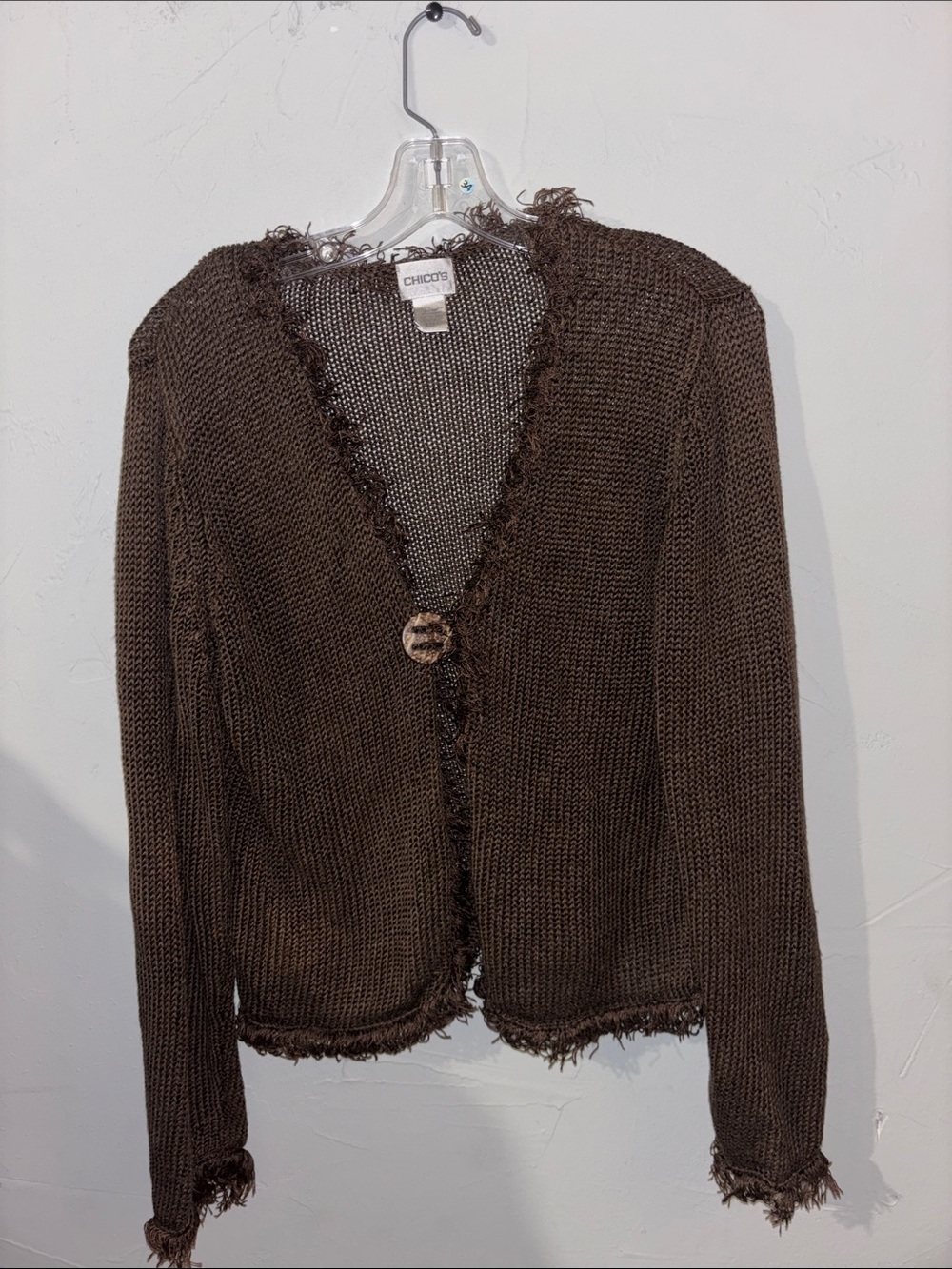 Chico's Chocolate Brown Fringed Open-Knit Cardigan